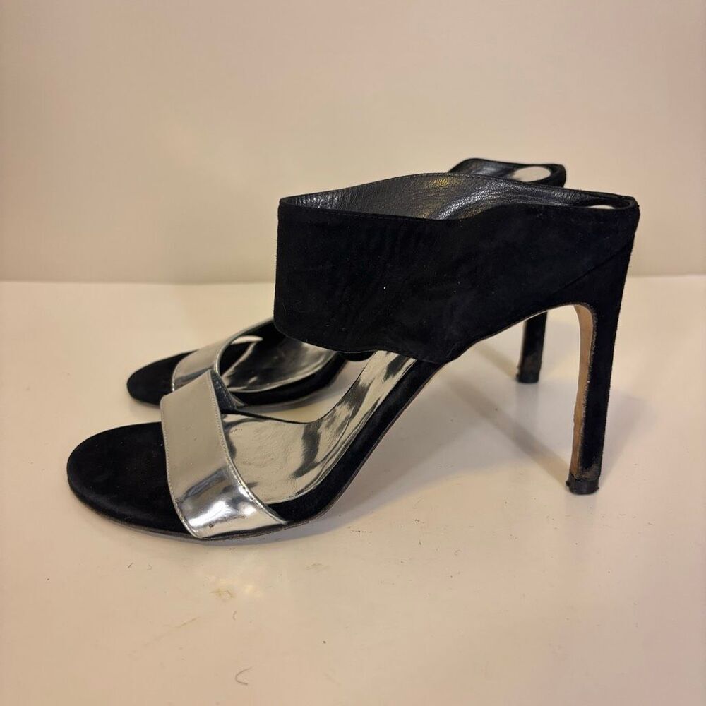Stuart Weitzman Black Suede High Heels with Silver Leather Strap 6.5